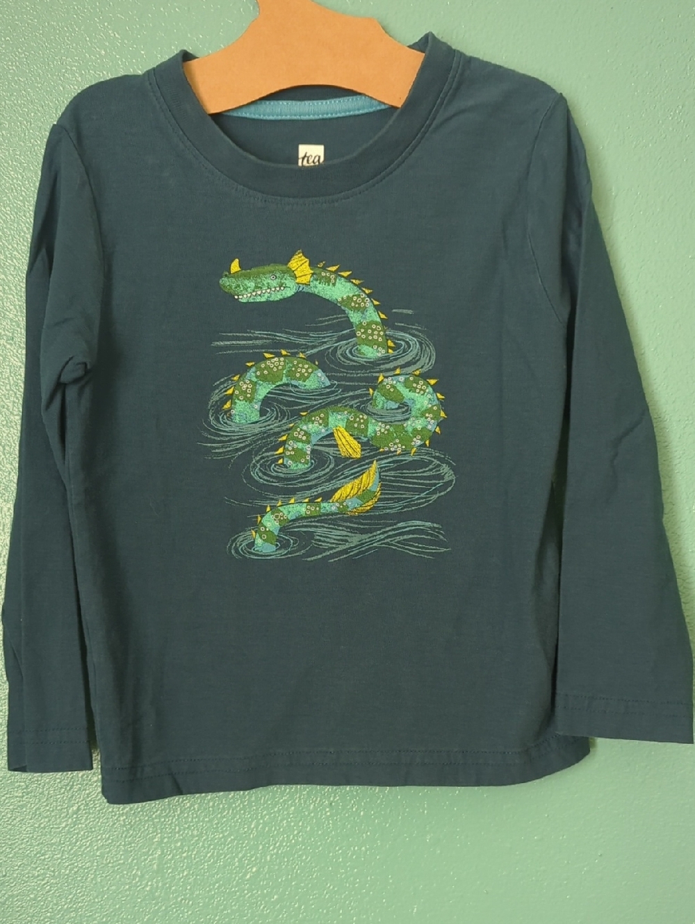 Navy Long Sleeve Tee with Green & Yellow Sea Serpent -Loch Ness